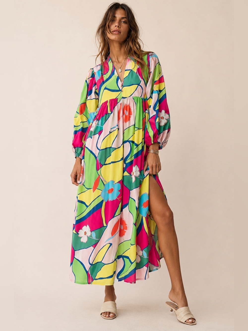 easel Multicolor Floral Print Maxi Dress - Bright Pink, Yellow, Green, Blue